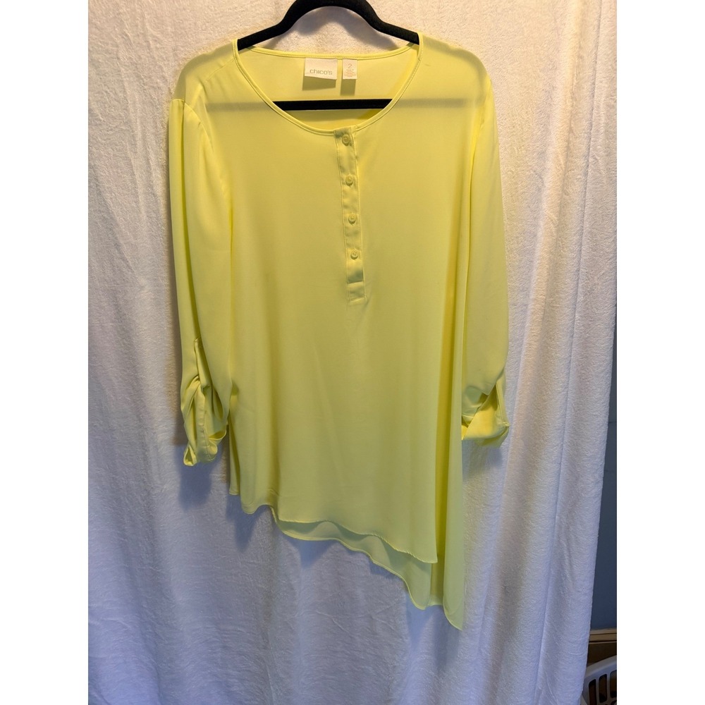 Chicos Yellow Roll Tab Sleeve Asymmetric Hem Tunic Blouse Womens Size 2 Large
